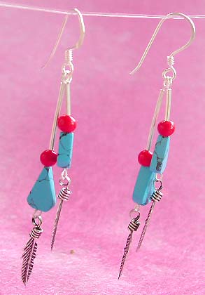 <double strip sterling silver earring with turquoise and red beadsempty>