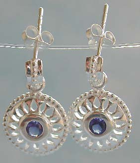 Wholesale stud earring, sterling silver earring with blue cz central embedded flower wheel design