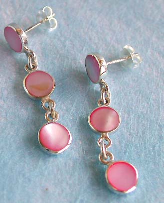Wholesale seashell jewelry, 3 pinksih mother of pearl seashell inlaid sterling silver stud earring