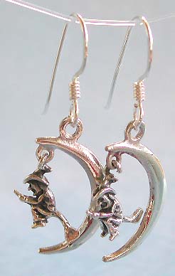 Sterling silver costume jewelry, flying witch in moon 925. sterling silver earring