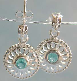 Cz jewelry online shop, flower wheel sterling silver earring with blue cz center